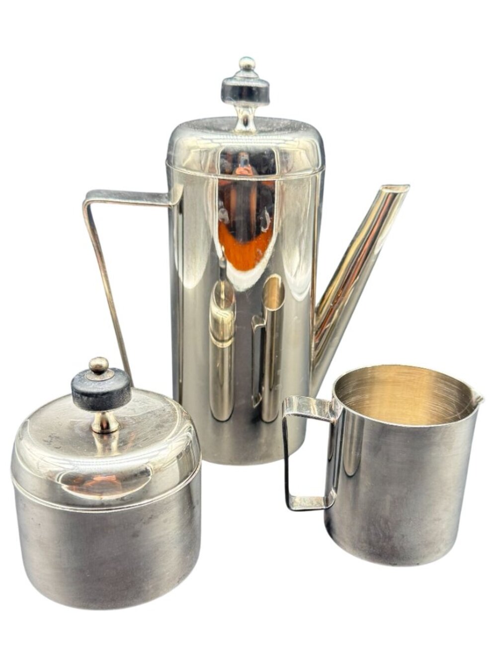 Vintage MCM Silver Stainless Steel Coffee/Tea Pot Creamer & Sugar Set With Lids - Picture 3 of 5
